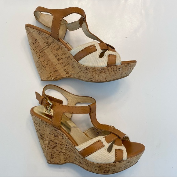 Michael Kors Melody Wedge Leather Canvas Platform Sandals Peanut Tan Sz 9 Resort - Picture 3 of 12